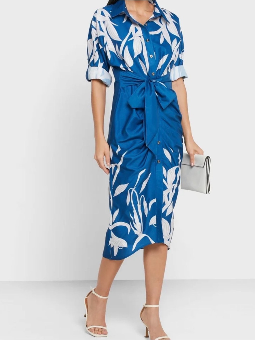 Blue Floral Tie-Waist Ruched Button Dress